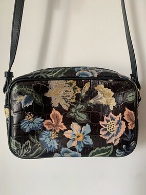 Massimo Dutti Black Floral Croc-Embossed Crossbody